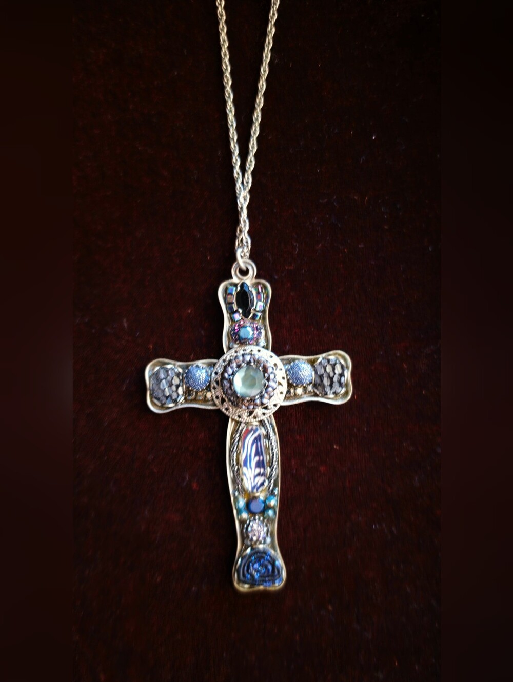 New Peruvian Connection Mosaic Cross Necklace 32" blue silver-plate Israel $199
